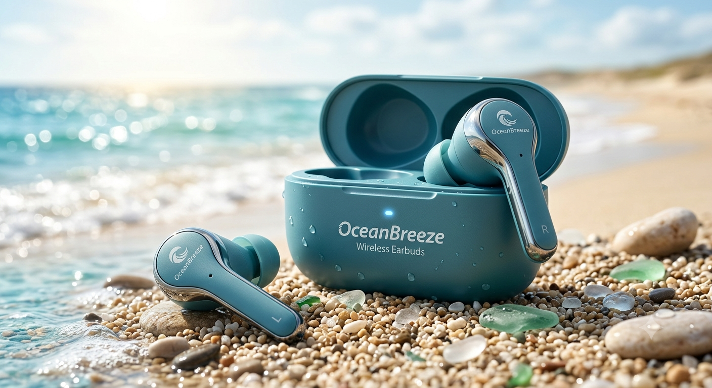 OceanBreeze Wireless Earbuds — army green colorway on a beach