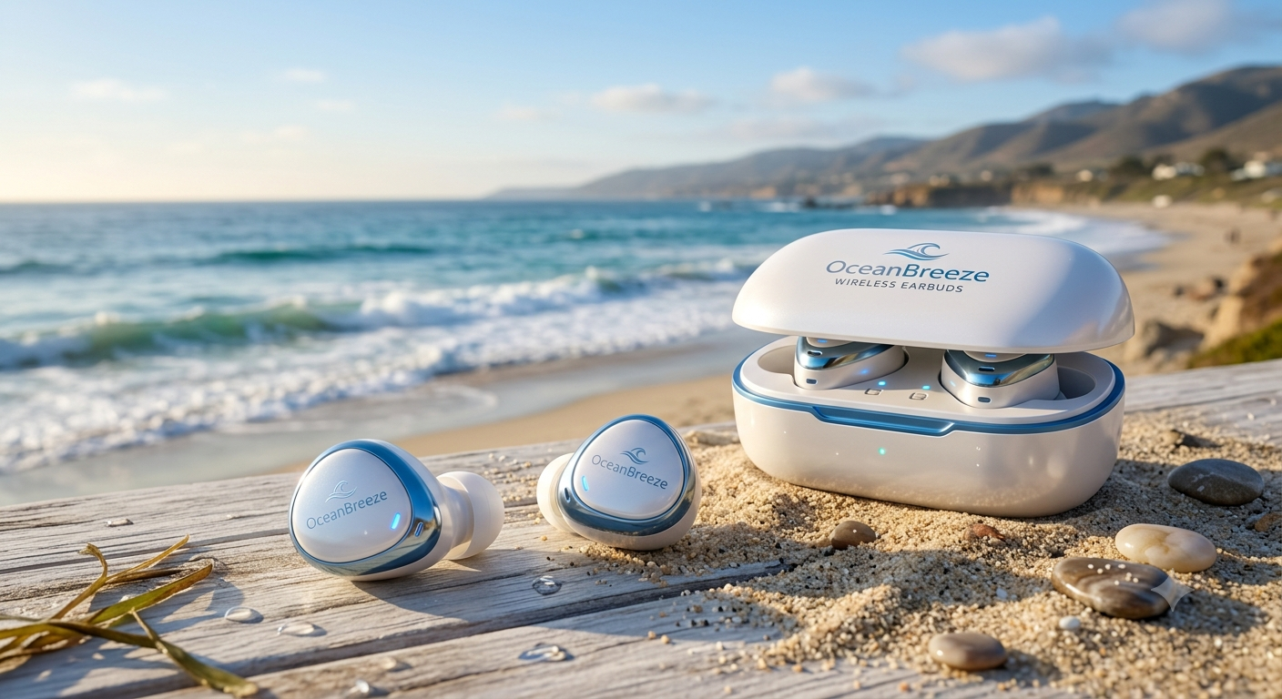 OceanBreeze Wireless Earbuds — white and blue colorway on a beach
